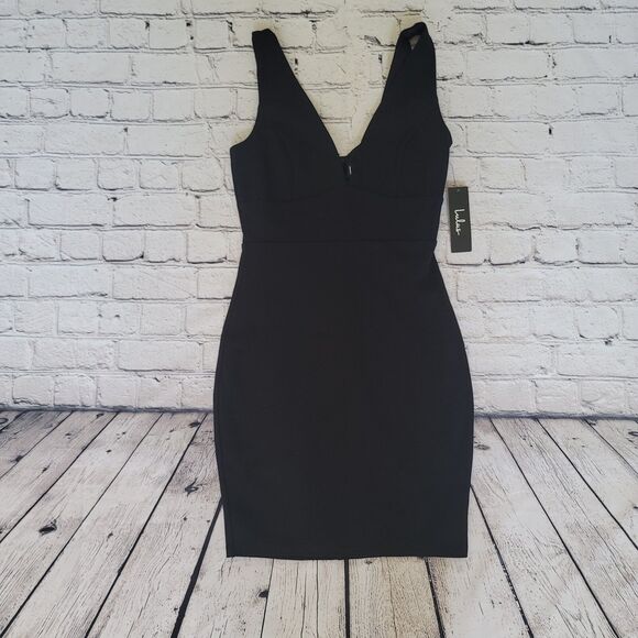 Lulus Black Dress LBD Deep Plunge Neckline Stretch Knit Bodycon Mini Size XS - Picture 1 of 6